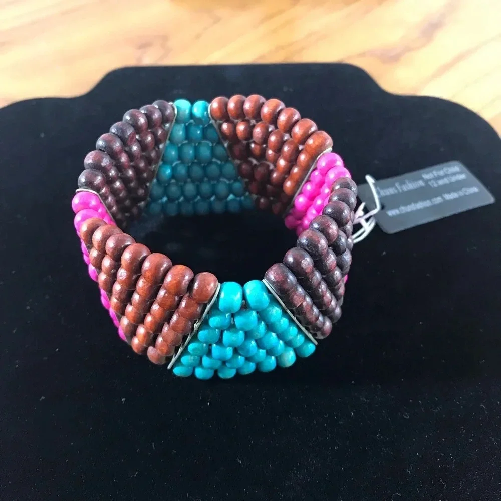 Pink, Aqua, and Brown Wood Bead Fashion Stretch Bracelet - New with Tag - Picture 5 of 6